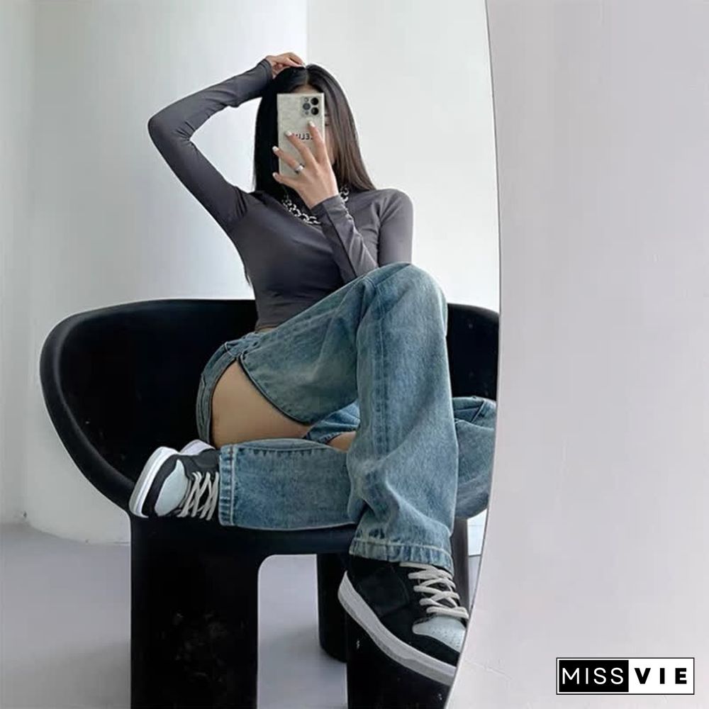 Zipper Detachable High Waist Straight Casual Denim Pants