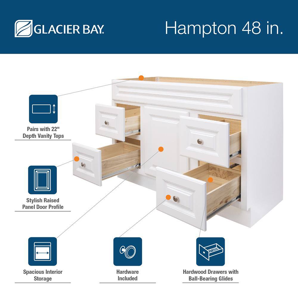 Glacier Bay Hampton 48 in. W x 21 in. D x 33.5 in. H Bath Vanity Cabinet without Top in White HWH48D