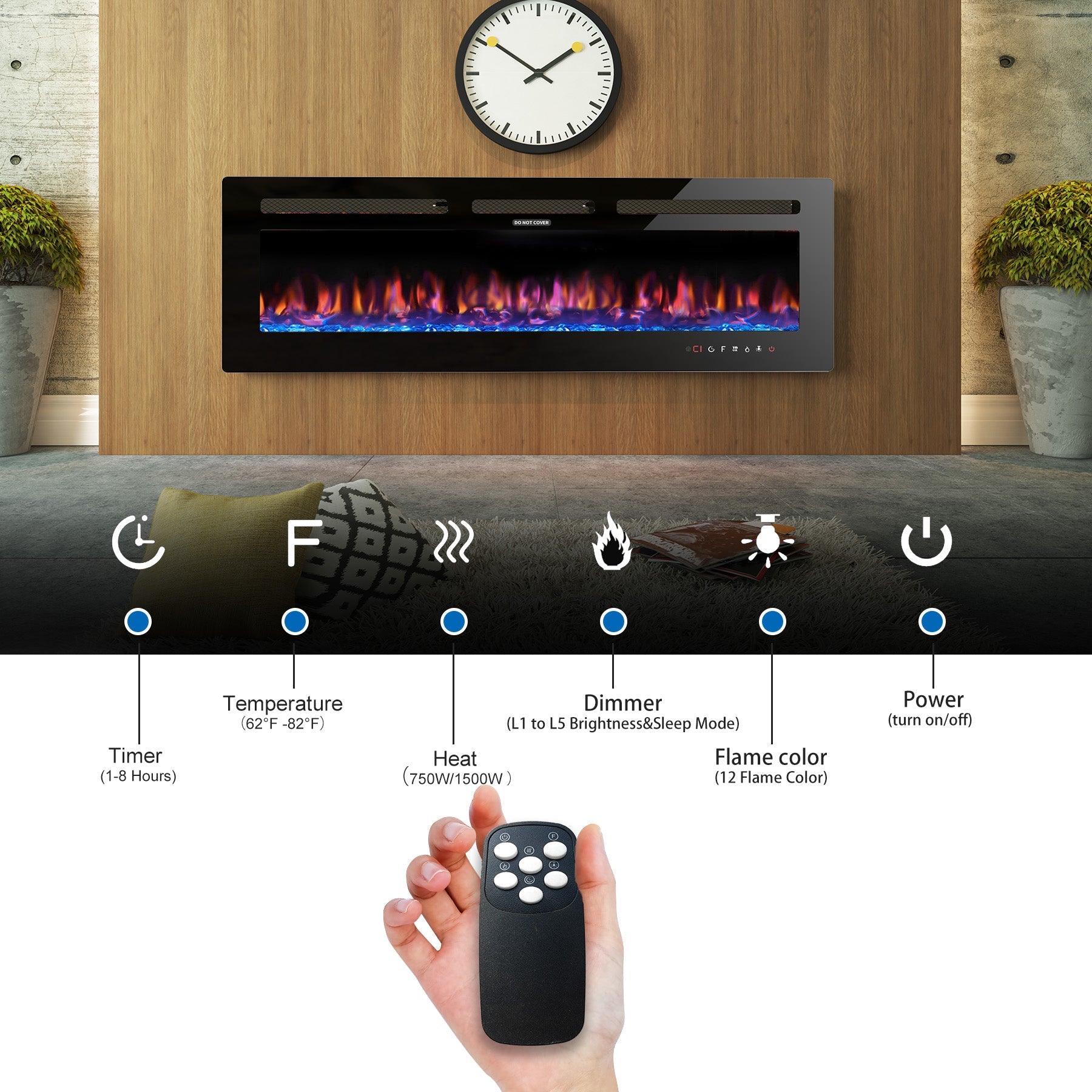 Homesuit 50" Electric Fireplace with Free Standing, Recessed and Wall Mounted 12 Flame Colors