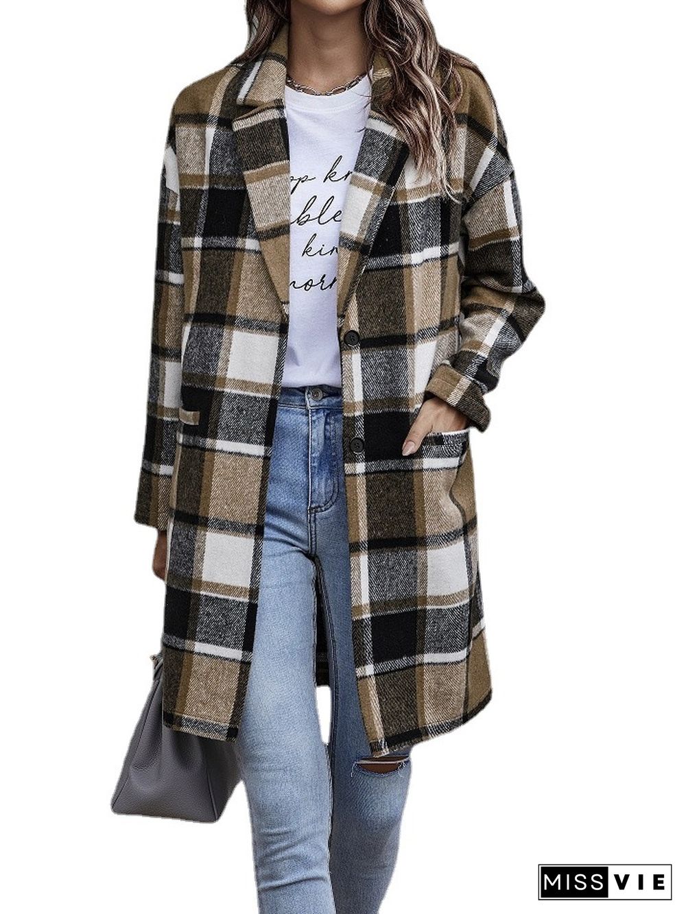 Autumn And Winter Winter Coat Women New Fashion Lapel Single-breasted Long-sleeved Plaid Long Coat Women Jacket