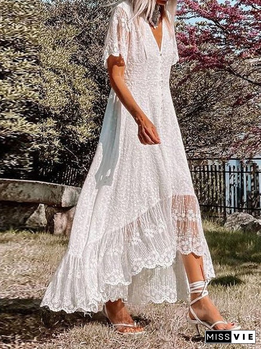 Women'S Dresses V-Neck Lace Button Short Sleeve Dress