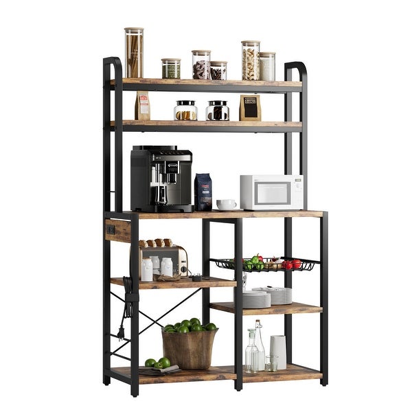 Bakers Rack with Power Outlet， Microwave Stand， Coffee Bar Table Station with Metal Wire Panel