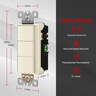 ENERLITES 15 Amp 120V-277V Triple Paddle Rocker Decorator Light Switch Single Pole Residential Grade in Light Almond (3-Pack) 62755-LA-3PCS