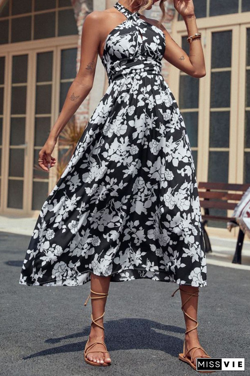 Black And White Floral Print Long Dress Wholesale