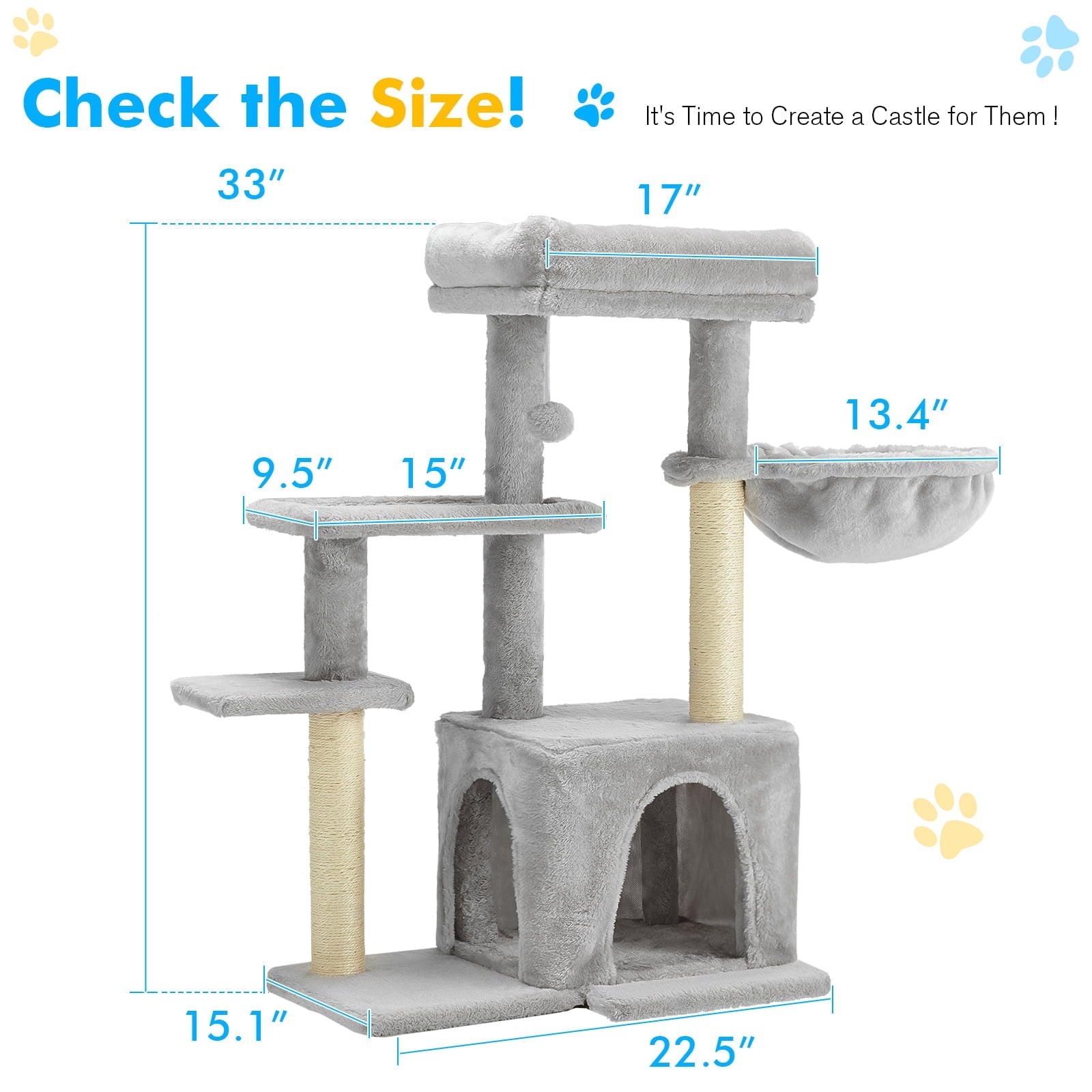 Yoleny Cat Tree for Indoor Cats, 33" Small Cat Tower with Top Perch, Cat Condo, Scratching Posts, Multi-level Tower for Cats and Kittens, Light Gray