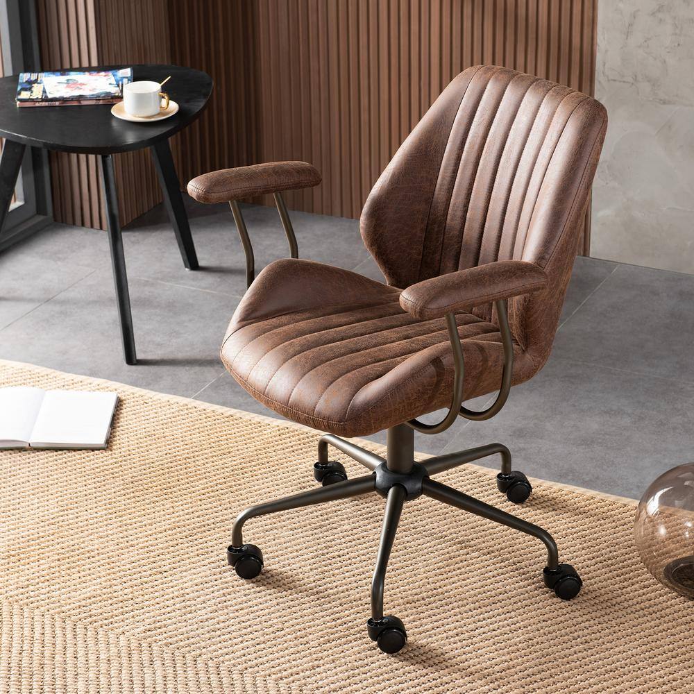 Allwex Magic Dark Brown Suede Fabric Swivel Office Task Chair with Arms and Lumbar Support SKL300