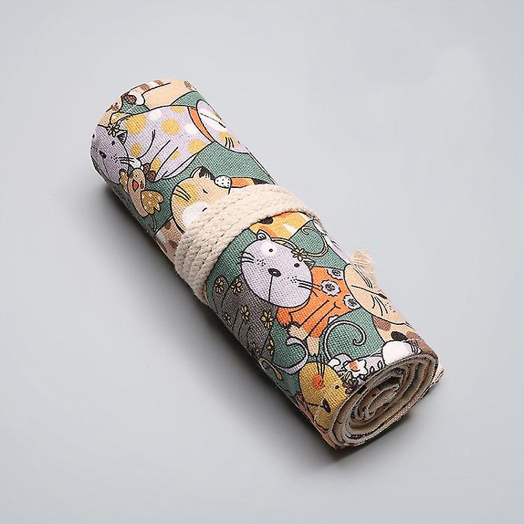 2 Pcs 36 Holes Cotton Canvas Large Capacity Pen Curtain Big Face Cute Cat Cartoon Color Pencil Bag