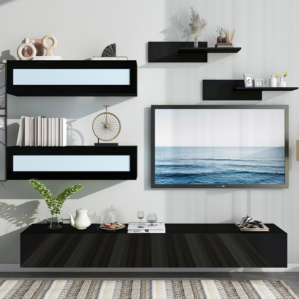 Modern Black Wall Mount Floating TV Stand with Four Cabinets