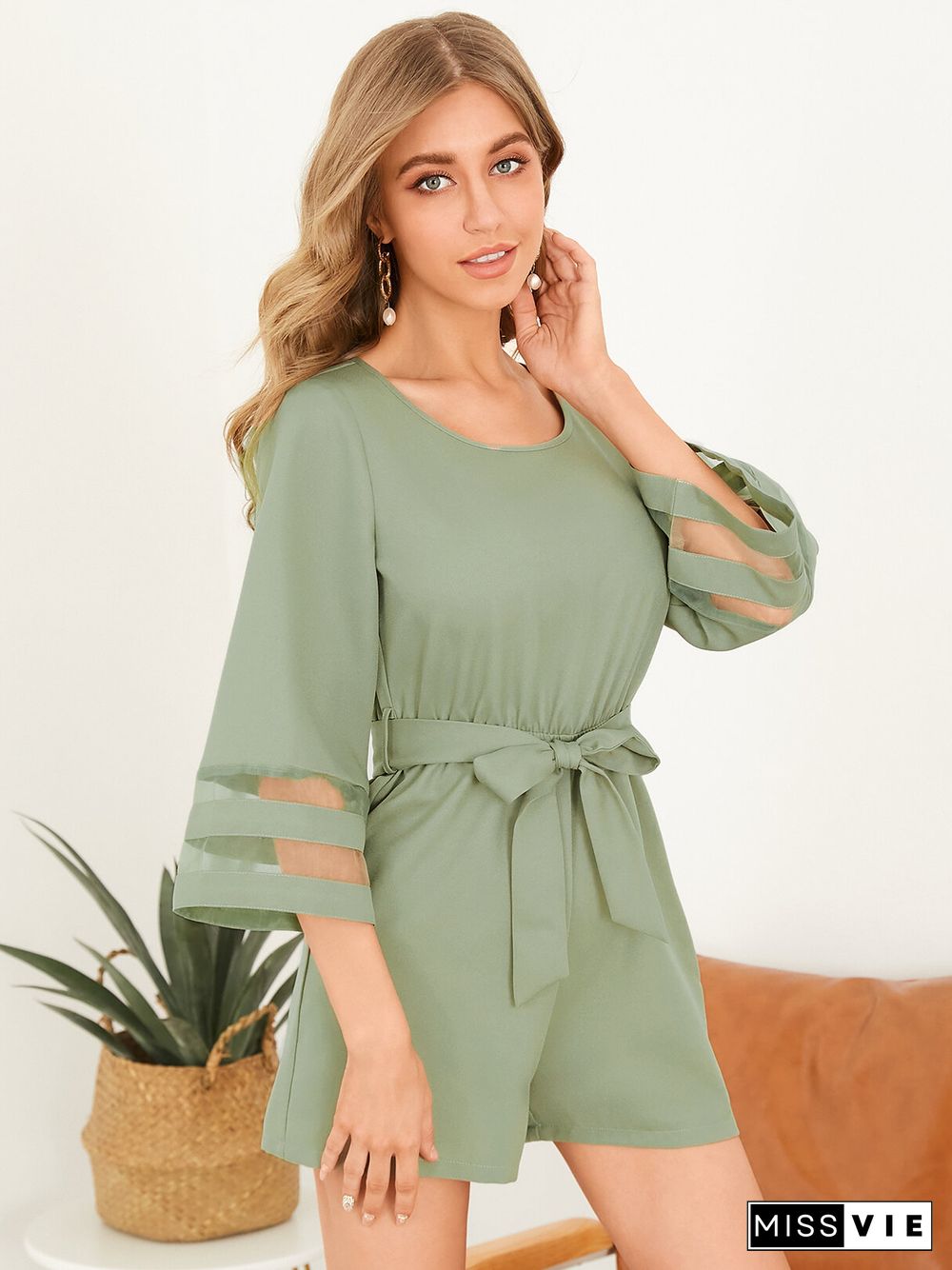 Solid Color Crew Neck Tie Up Backless Romper