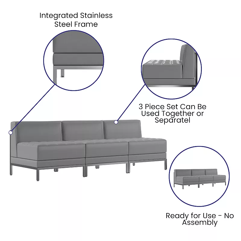 Emma and Oliver 3 Piece Gray LeatherSoft Modular Reception Lounge Set - Reception Bench