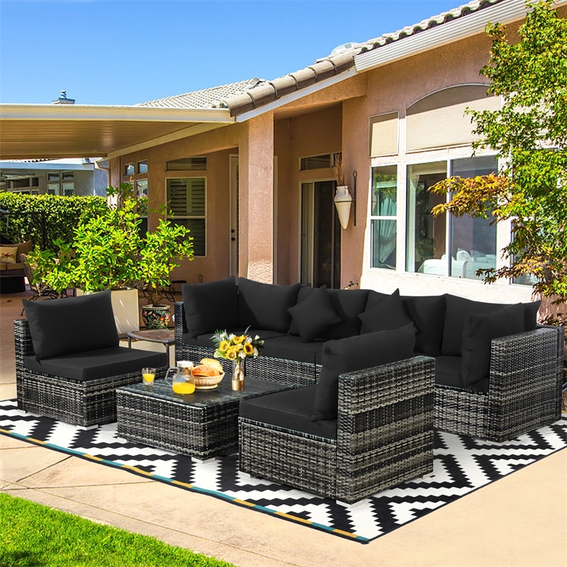 7 Pcs Rattan Patio Sectional Couch Set Outdoor Wicker Furniture Set with Cushions & Coffee Table