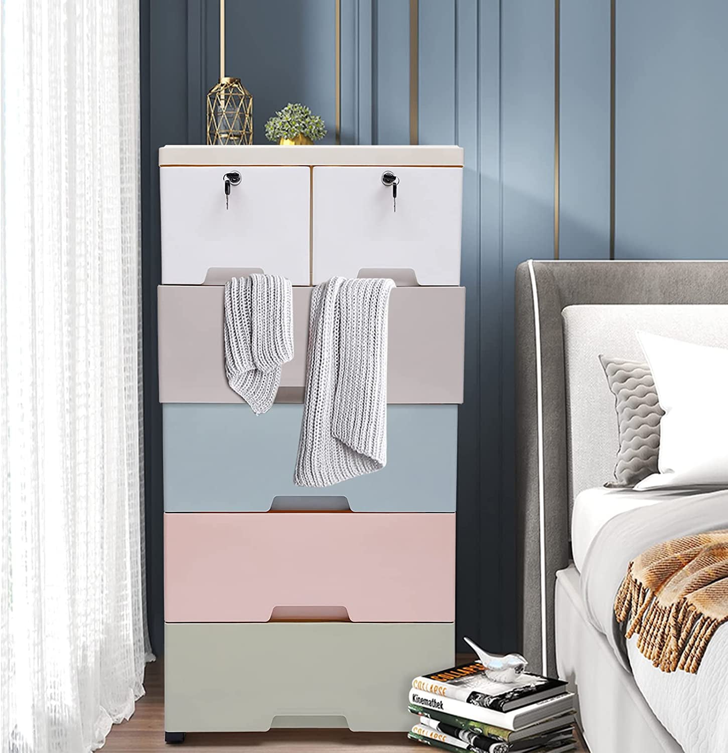 FETCOI 5 Layers Storage Cabinets 6 Drawer Plastic Cabinet Dresser Closet Clothes Storage (Macaron color)