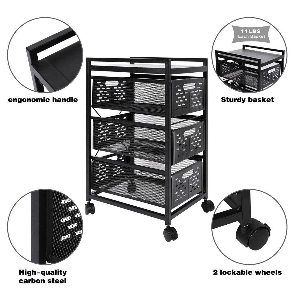 Tatahance Metal Mesh Storage Drawer Cart with Lock on Wheels in Black W113458235-Z