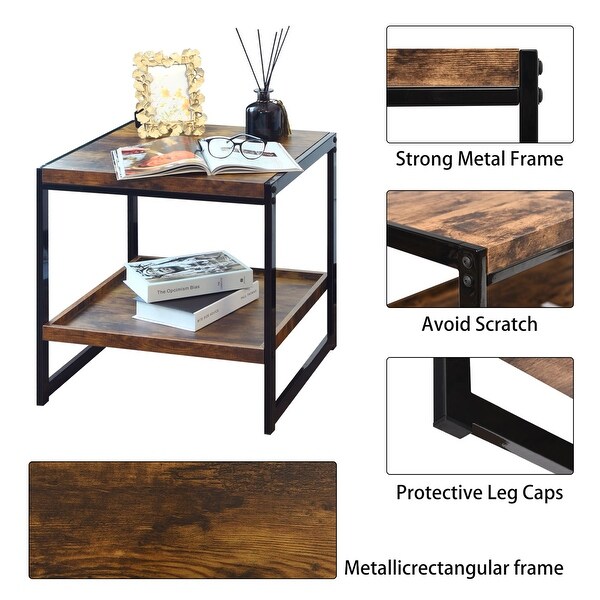 2-tiers Storage Shelf Sofa Table Antique Brown Square Coffee Table with Metal Frame Side Table for Living Room，Bedroom