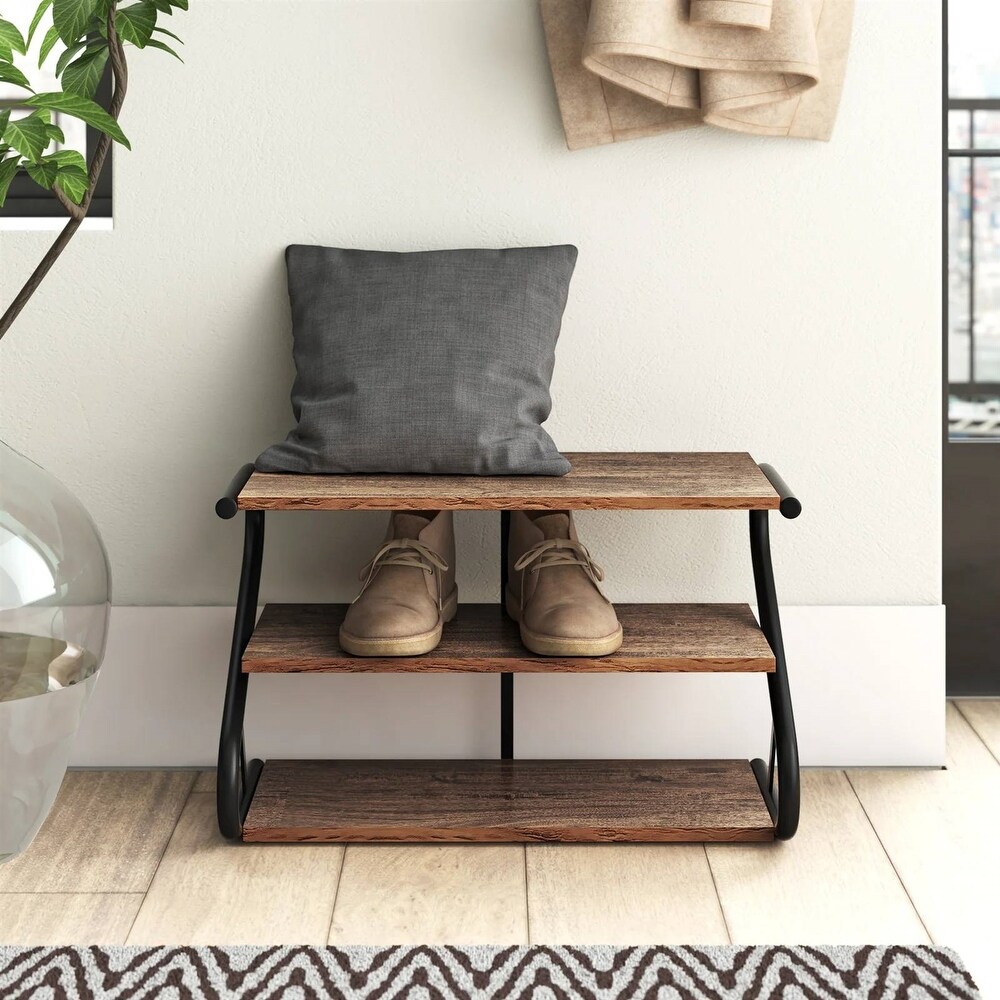 Modern Industrial Metal Wood 3 Tier Shoe Rack   Holds up to 9 Pair of Shoes   15.98'' H x 25.79'' W x 13.39'' D