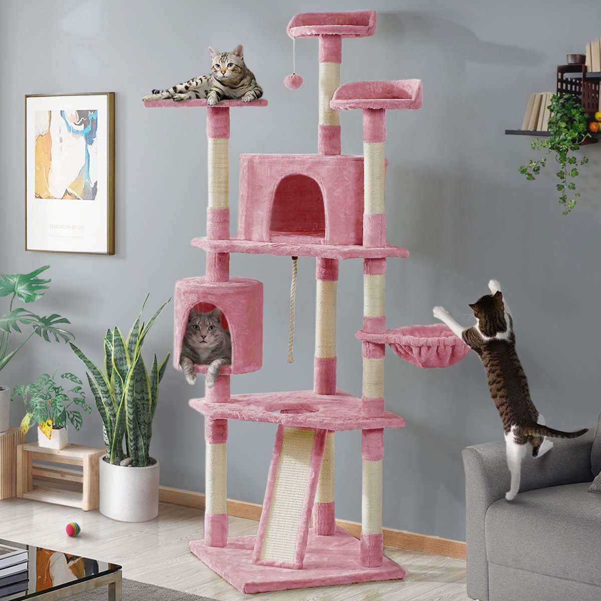 Yaheetech 79-in Plush Cat Tree and Condo， Pink， Large