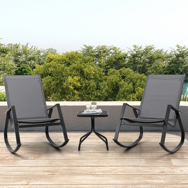 3 PCS Patio Bistro Set，Outdoor Rocking Chairs and Glass Coffee Table Side Table