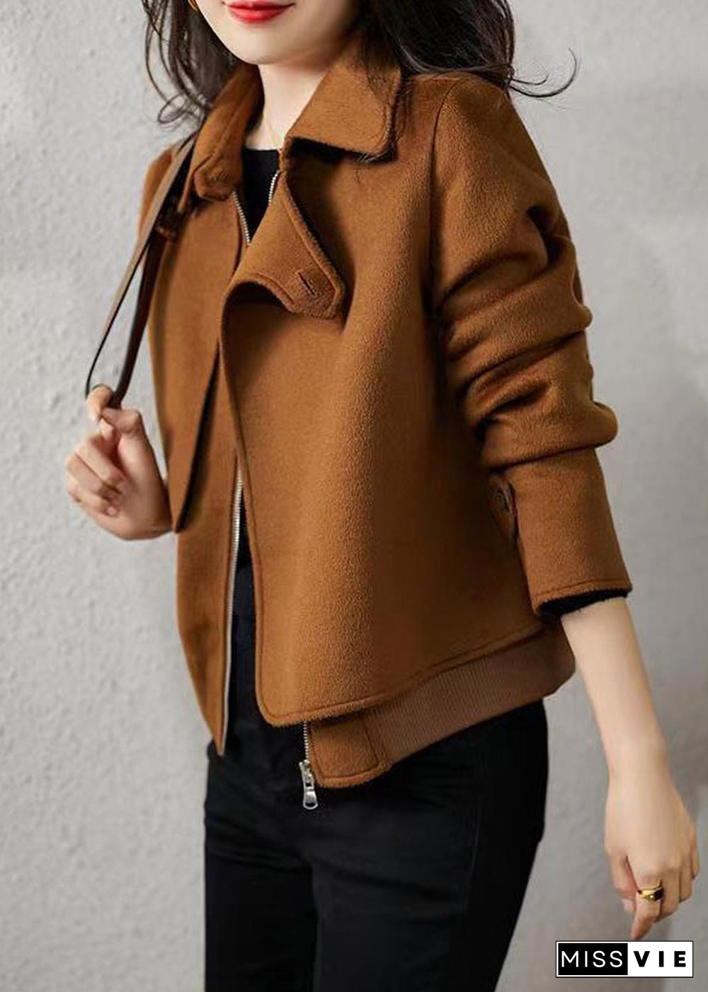 French Brown Zip Up Button Patchwork Woolen Coats Fall