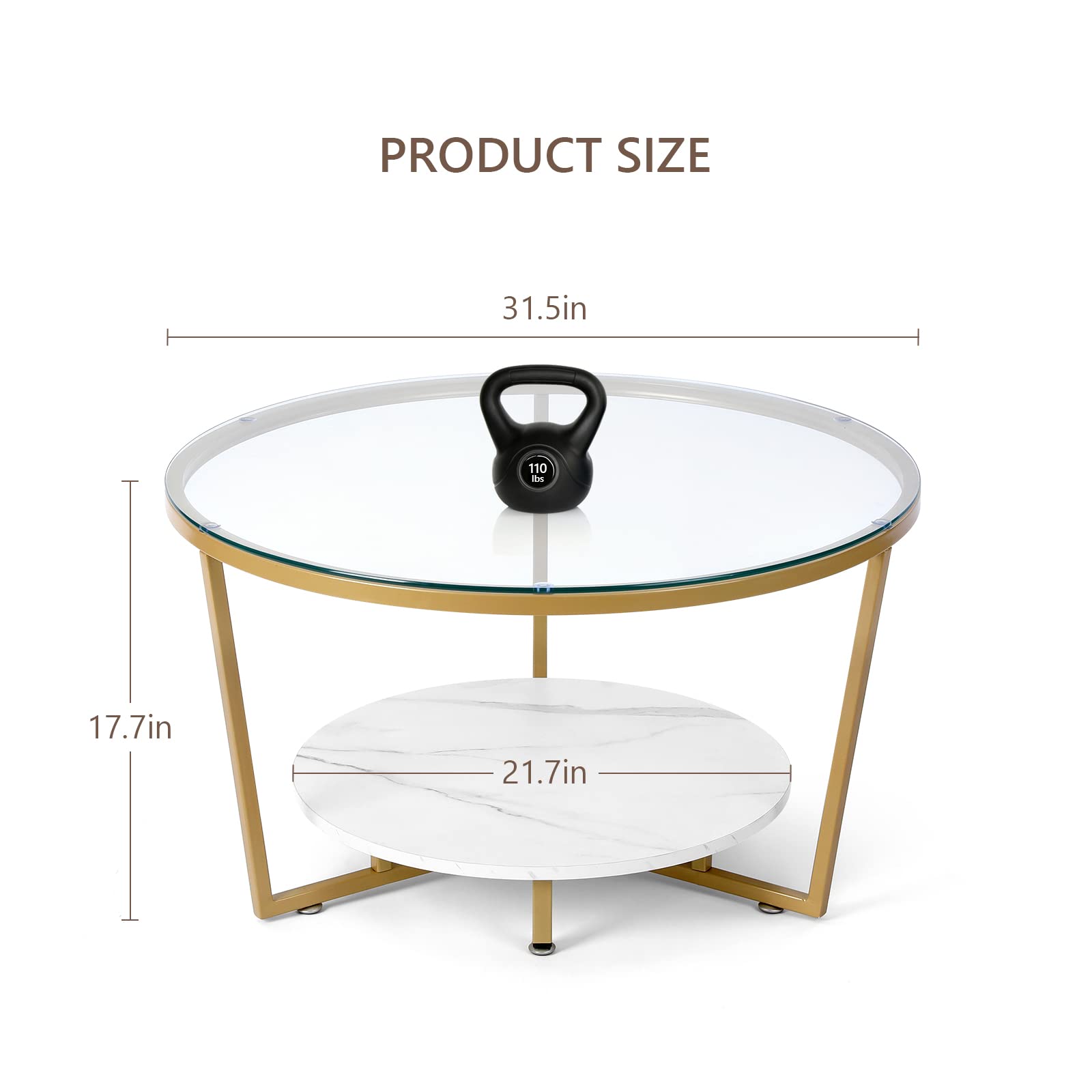 SMOOL Glass Coffee Table Round with Metal Frame Living Room Table with 2-Tier Storage Shelf