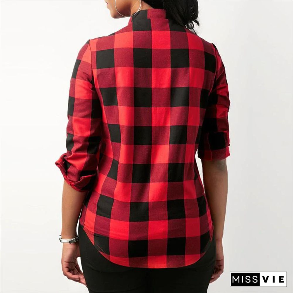 Women Plaid Shirts Long Sleeve Blouses Cotton Lace Up Tunic Casual Tops Plus Size