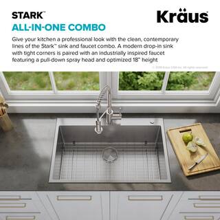 KRAUS Loften Stainless Steel 33in. Single Bowl Drop-in  Undermount Kitchen Sink with Stainless Steel Pull Down Faucet KCA-1102