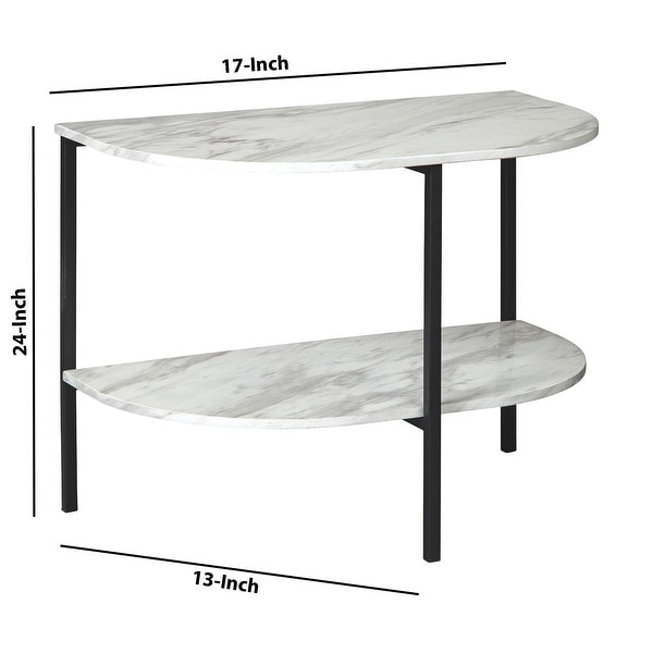 Crescent Moon Shaped Marble Top Metal Chair Side End Table， White and Black