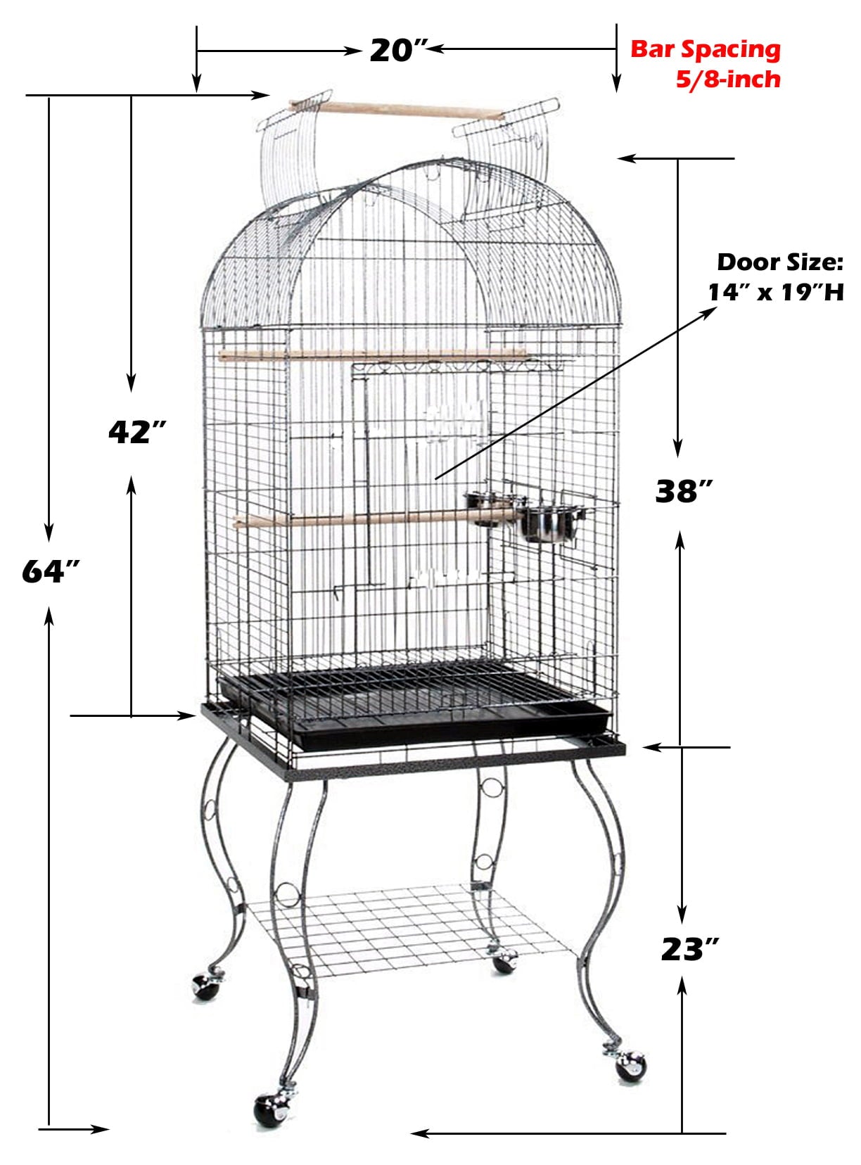 Large 64-Inch Rolling Standing Dome Open Top Bird Perch Cage for Parrots Cockatiels Sun Conures Parakeets Lovebirds Budgies Finches Canary Pet Bird Cage With Storage Shelve