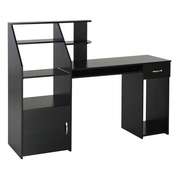 Homcom Computer Desk With Sliding Keyboard amp Storage Shelves Cabinet And Drawer Home Office Gaming Table Workstation Black Wood Grain