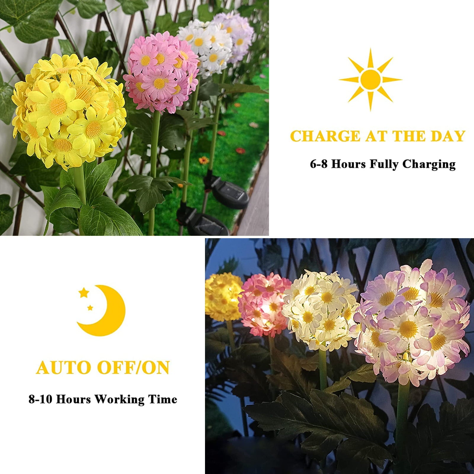 4 Pack Daisy Flower Ball Solar Lights， Decorative Solar Garden Lights， Waterproof LED Solar Powered Stake Light for Outdoor Pathway， Patio， Yard