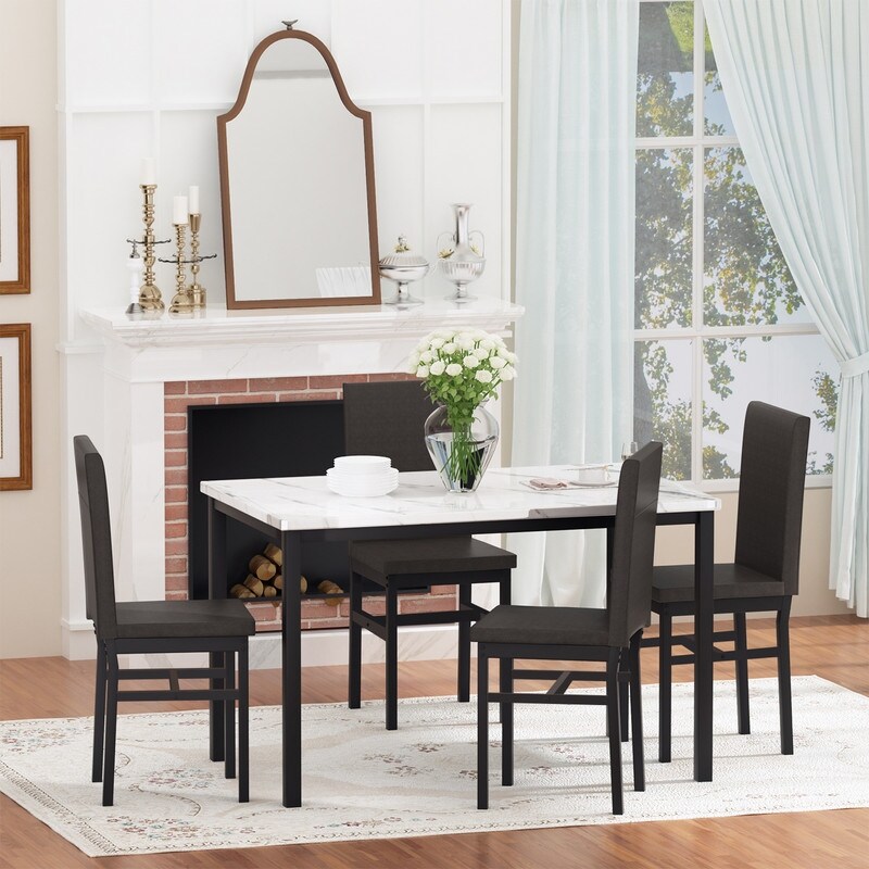 Mieres 5 Pieces Faux Marble Dining Table Set with 4 Upholstered PU Leather Chairs