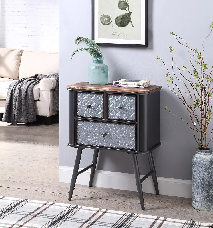 Metal and Wood Gray 3 Drawer Side Table - Forester