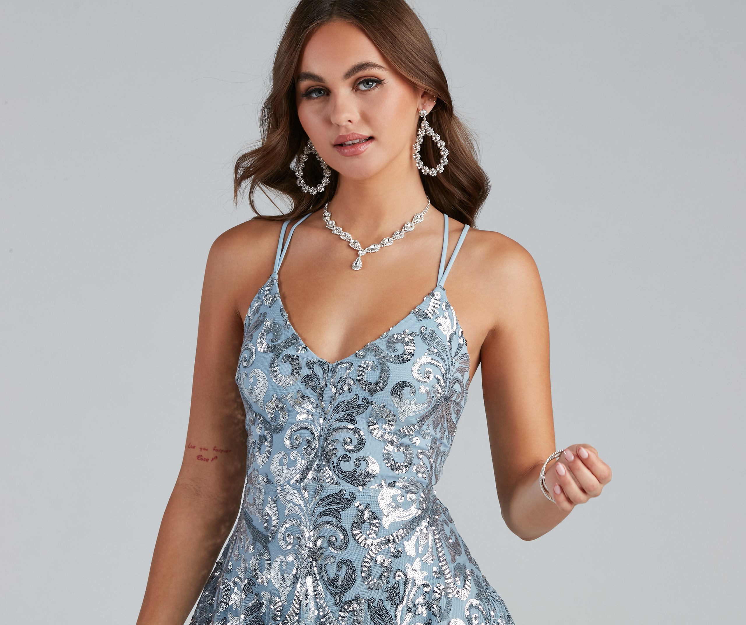 Ciela Sequin Scroll X-Back Skater Party Dress