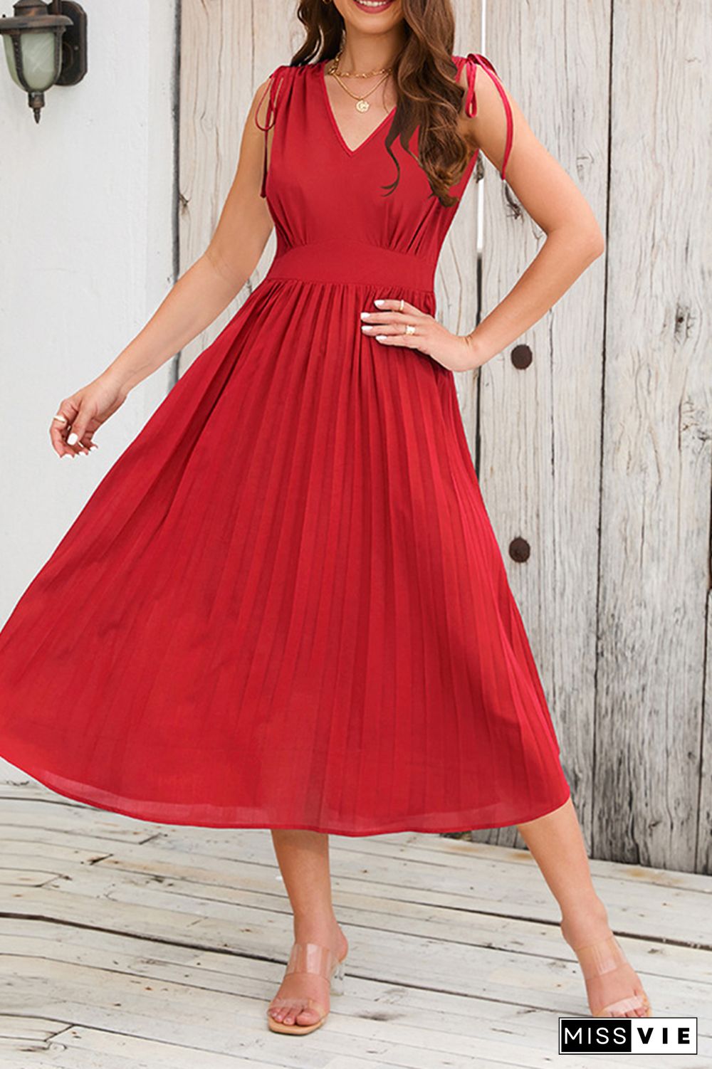 V Neck High Waist Ruched Neck Pleated Midi Dress