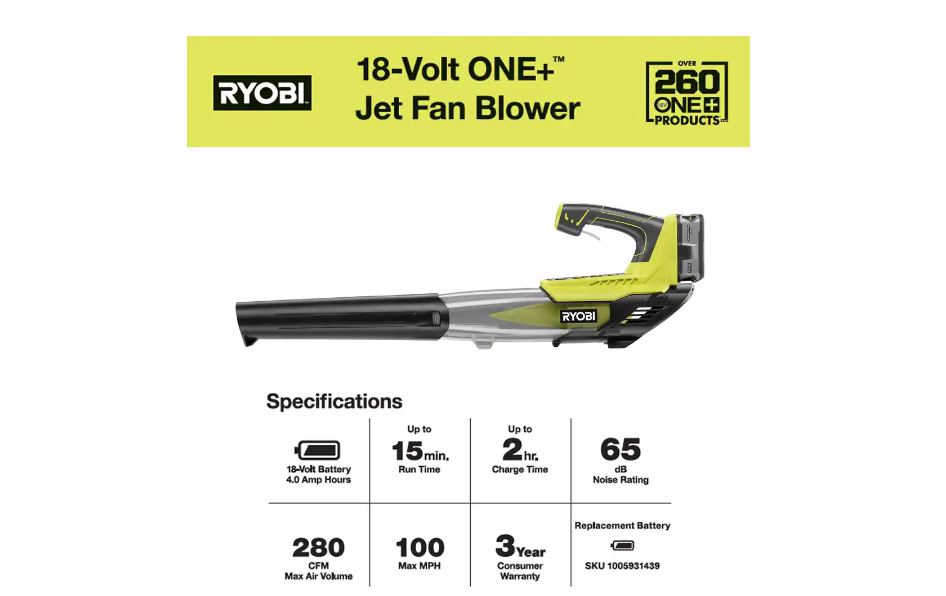 RYOBI P2180 ONE+ 18V 100 MPH 280 CFM Cordless Battery Variable-Speed Jet Fan Leaf Blower with 4.0 Ah Battery and Charger