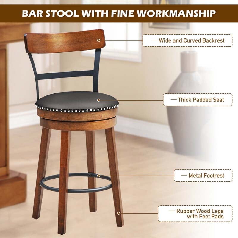 2-Pack 25.5 Wooden Swivel Bar Stools Counter Height Pub Kitchen Dining Chairs with Leather Padded Seat