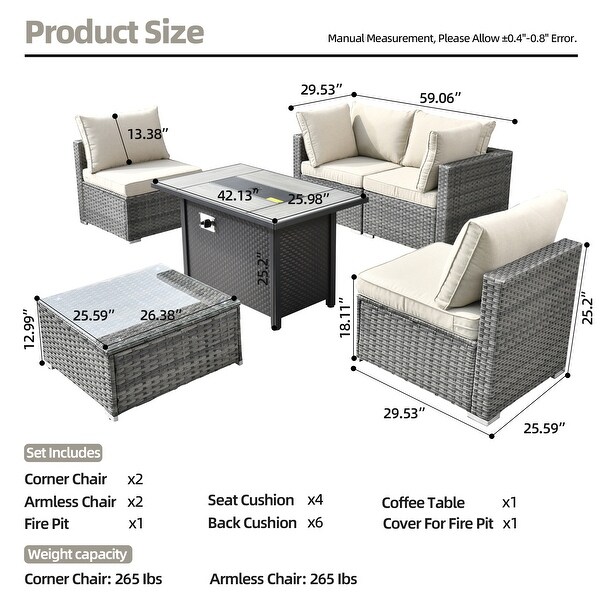 XIZZI Patio Furniture Set 6 Pieces Outdoor Sectional Rattan Sofa with Firepit