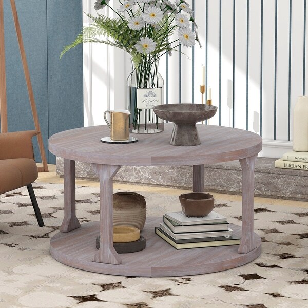 Round Rustic Coffee Table Solid Wood+MDF Coffee Table for Living Room with Dusty Wax Coating