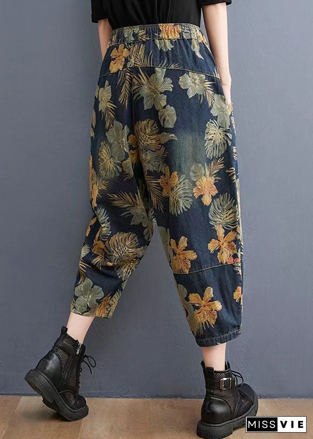 French Navy elastic waist drawstring pockets Print Denim Pants Spring