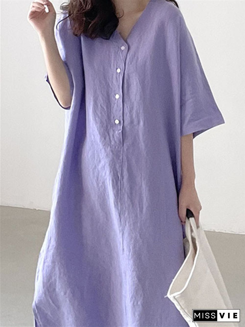 Simple Cotton Linen Dress Loose Short Sleeve Long Shirt Skirt