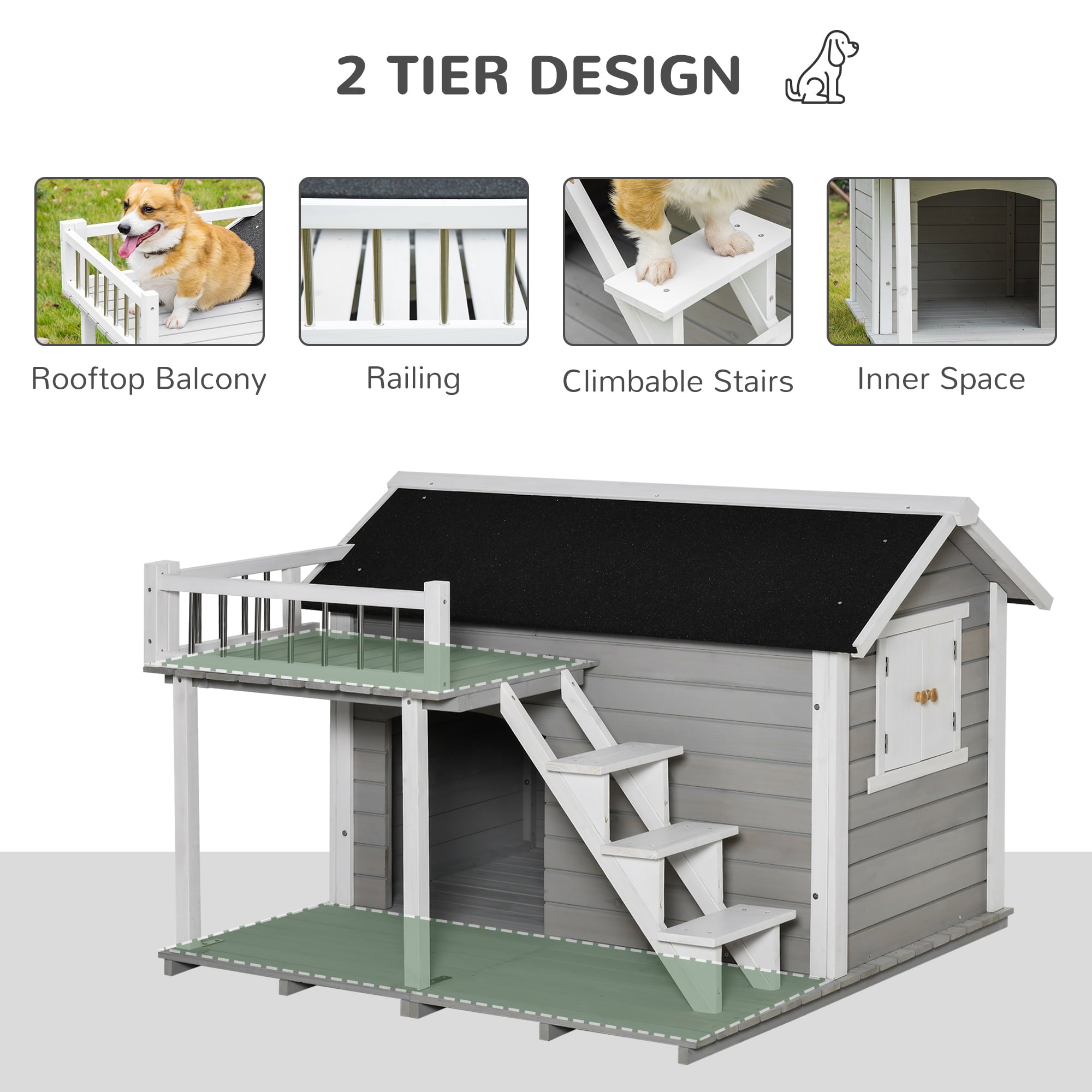 PawHut Wooden Outdoor Dog House， 2-Tier Raised Pet Shelter， with Stairs， Weather Resistant Roof， and Balcony， for Medium， Large Sized Dogs Up To 55 lbs