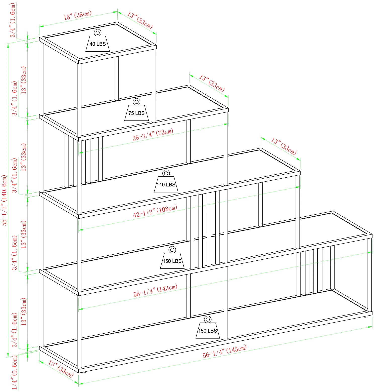 Vulcan Coastal Oak and Black Staircase Shape Bookshelf