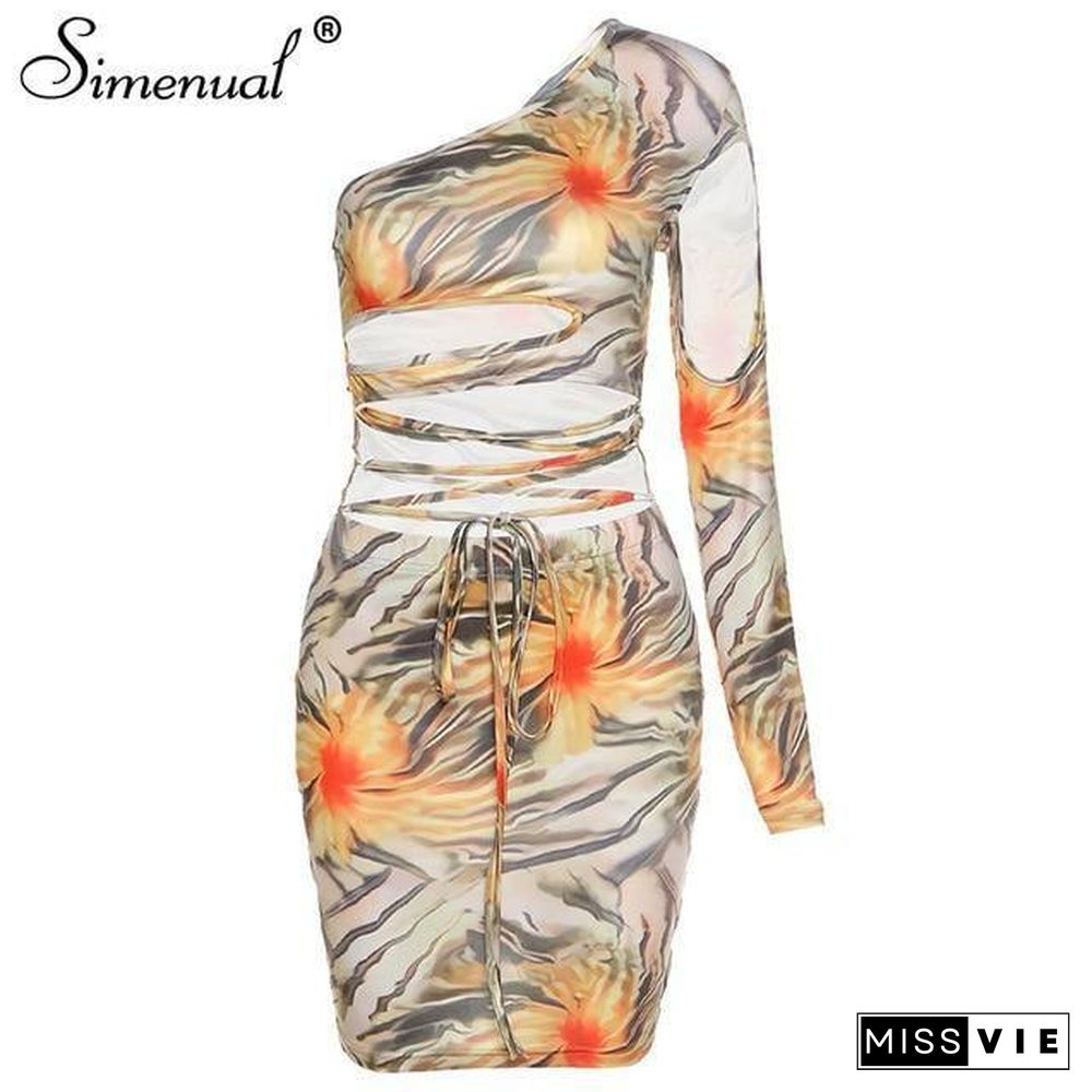 Simenual Sexy One Shoulder Bandage Party Mini Dress for Women Long Sleeve Hollow Out Fashion Fall Clubwear Print Bodycon Dresses