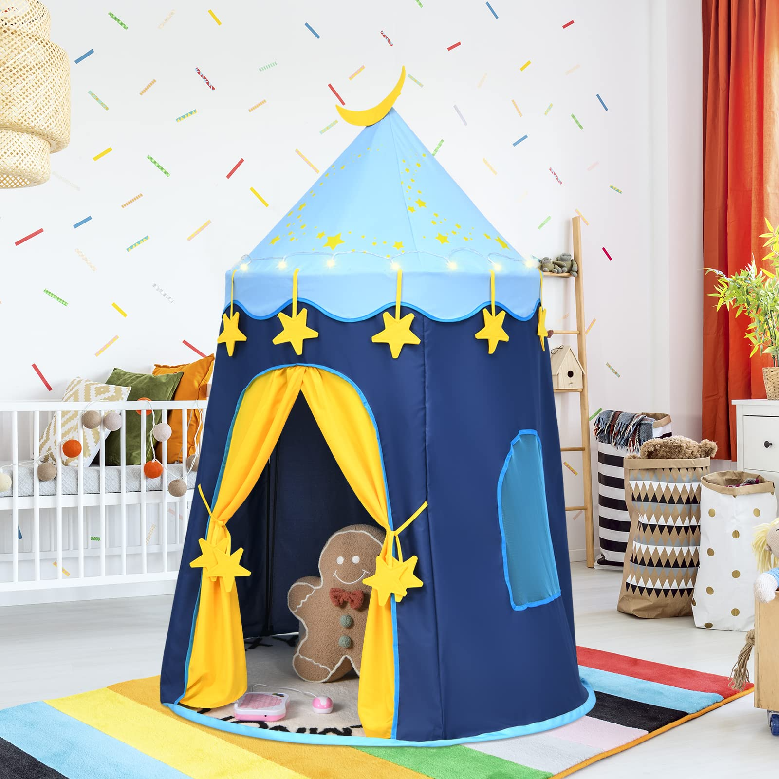 Costzon Kids Play Tent, Foldable Large Pop Up Playhouse Tent w/ Star String Lights & Carrying Bag