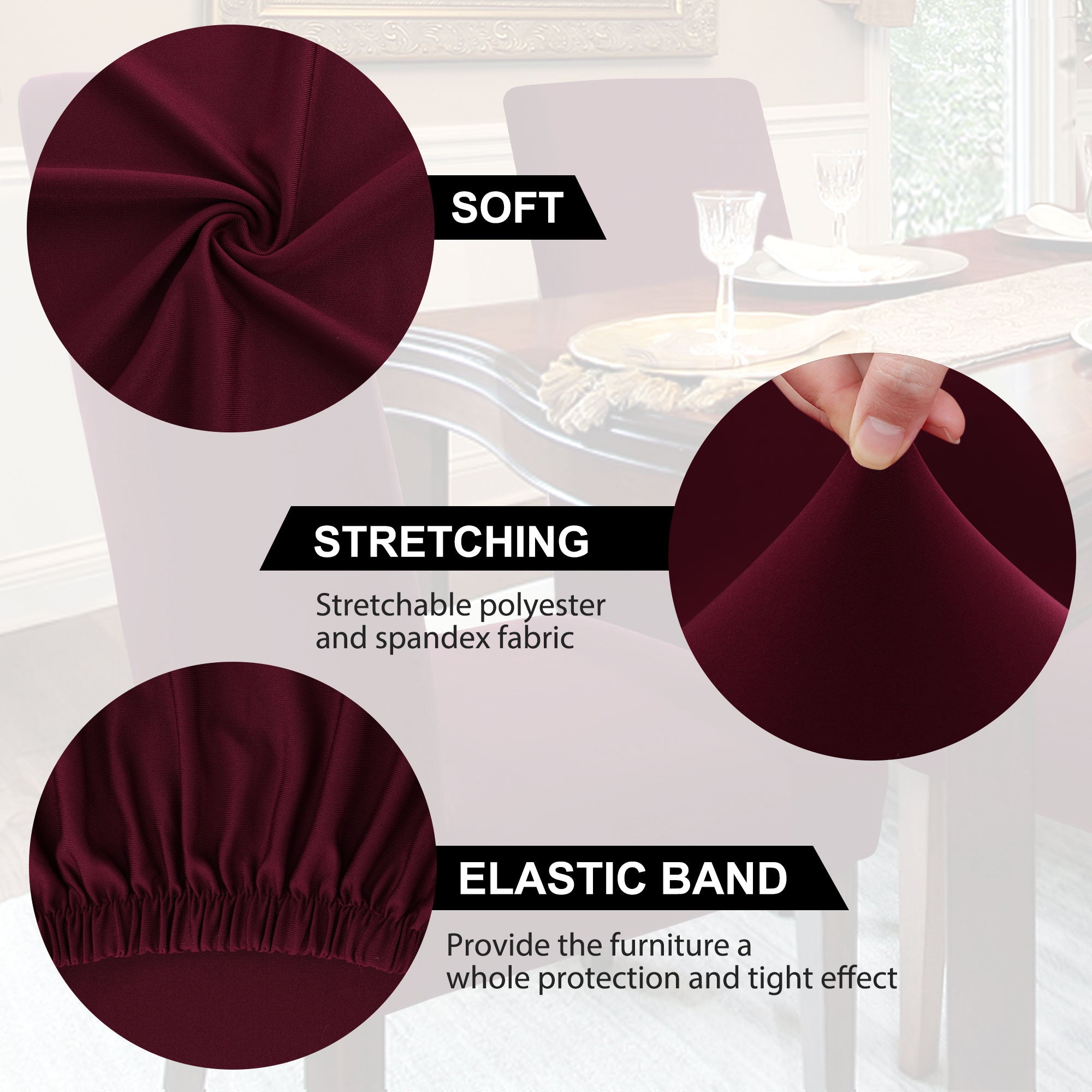 PiccoCasa 4Pcs Stretch Dining Chair Covers Removable Seat Protectors for Dining Room Burgundy