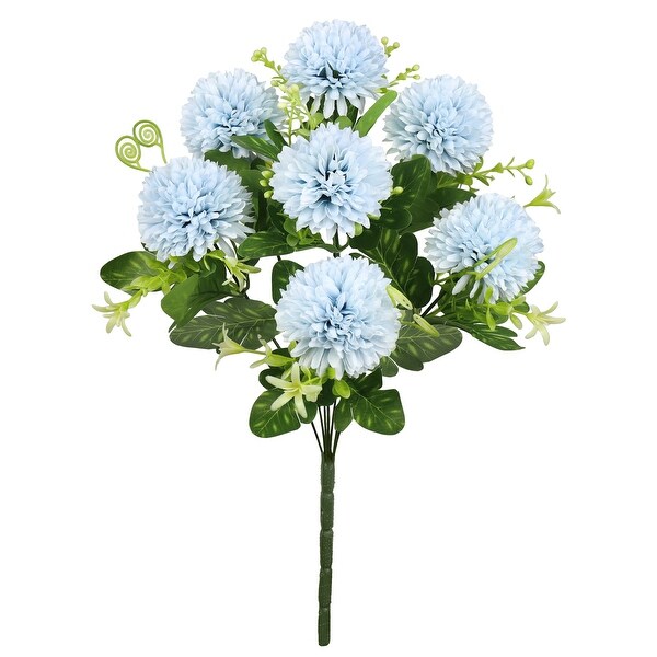 Set of 3 Light Blue Artificial Pom Pom Mum Flower Stem Bush Bouquet 16in