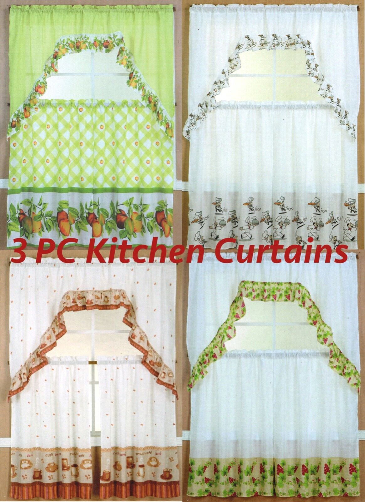 Kitchen Window Curtain Set 2 Curtains + Valance 60X36