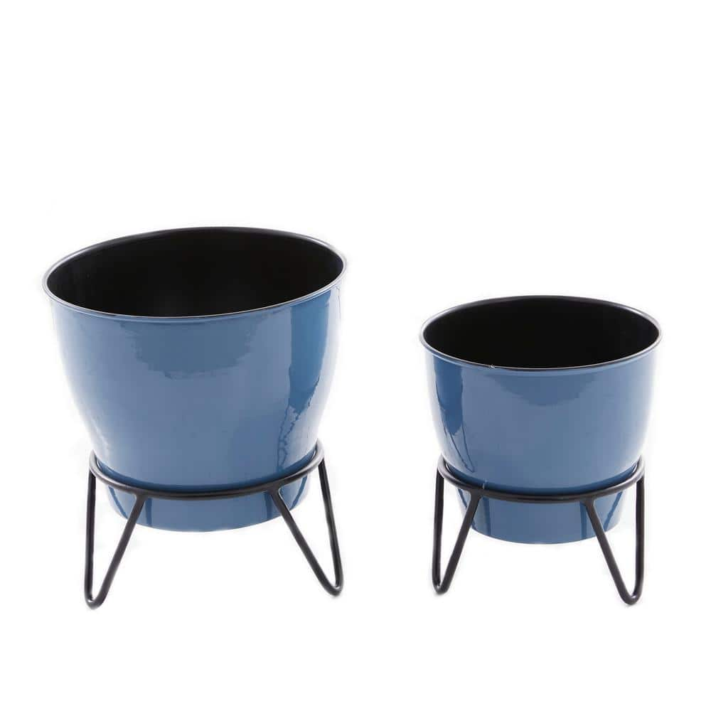 Litton Lane 10 in. x 11 in. Blue Metal Modern Planter (Set of 2) 040119