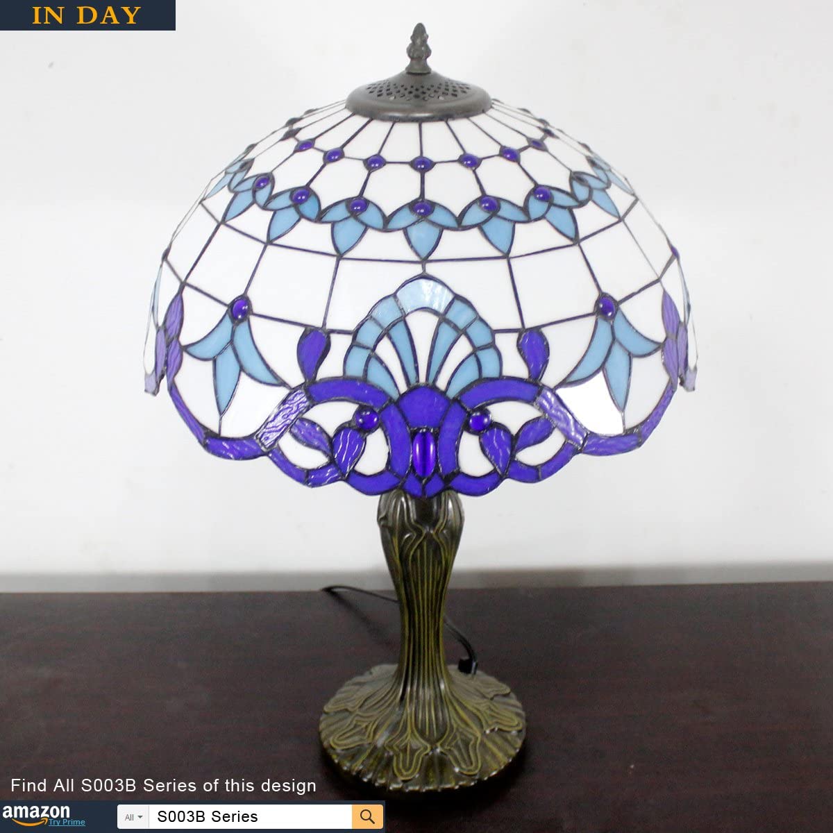 Tiffany Lamp Blue Navy White Stained Glass Baroque Bedside Table Lamp Style Desk Light Metal Base 16X16X24 Inches Decor Bedroom Living Room Home Office S003B Series