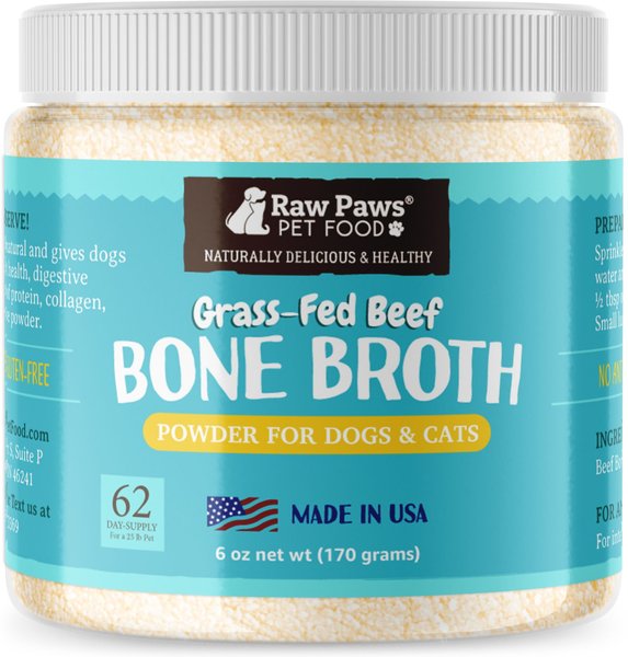 Raw Paws Grass-Fed Beef Bone Broth Powder Dog and Cat Food Topper， 6-oz jar