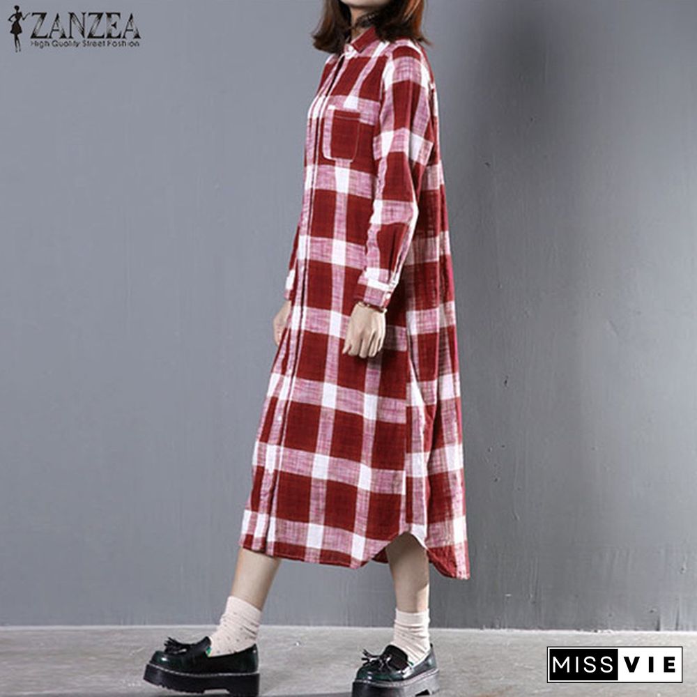 Zanzea Women Full Sleeve Lapel Collar Plaid Printed Straight Check Dress Casual Loose Dresses